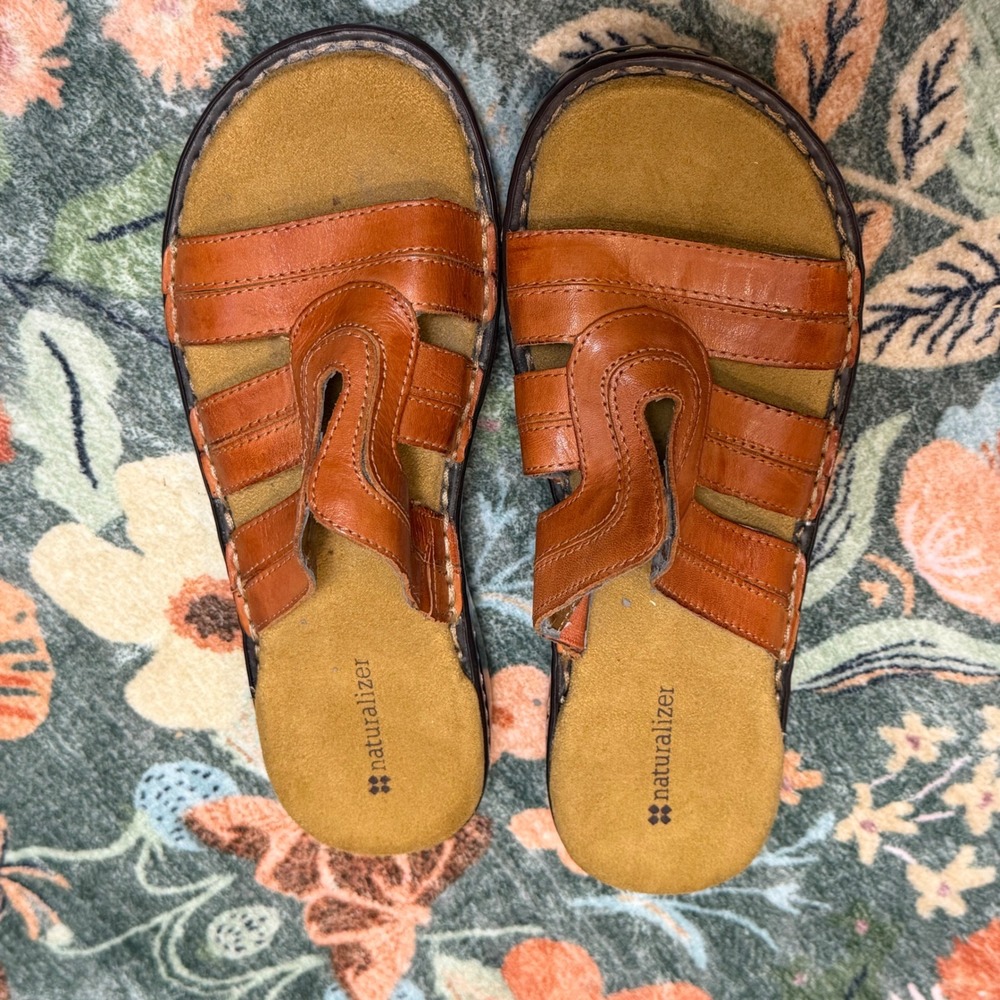Naturalizer Pierre Cognac Brown Leather Slide Sandals Womens 8.5 M 32907801